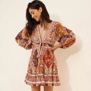 NWT FARM Rio Romantic Nature Mini Dress Medium 100% Cotton V-Neck Boho Tassel